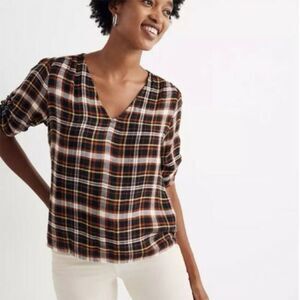 Madewell Size M Puffed Cinch-Sleeve Top Gwen Plaid  NWT Brown Rust Shirt